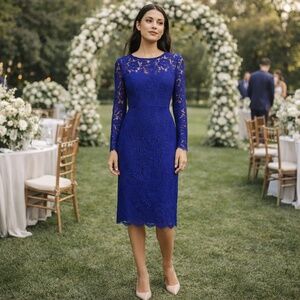 JS COLLECTIONS Blue Lace Long Sleeve Wedding Guest Midi Dress Sz 8 NWT